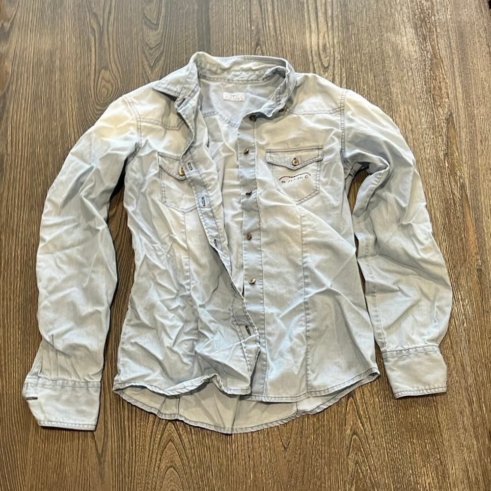 Animo Button-Up Shirt Long Sleeves Chambray Front Chest Pockets Blue Size 36